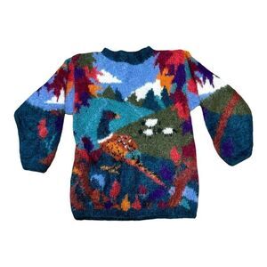 Vintage Icelandic Design Colorful Mountain Pheasant Scene Countryside Sweater S